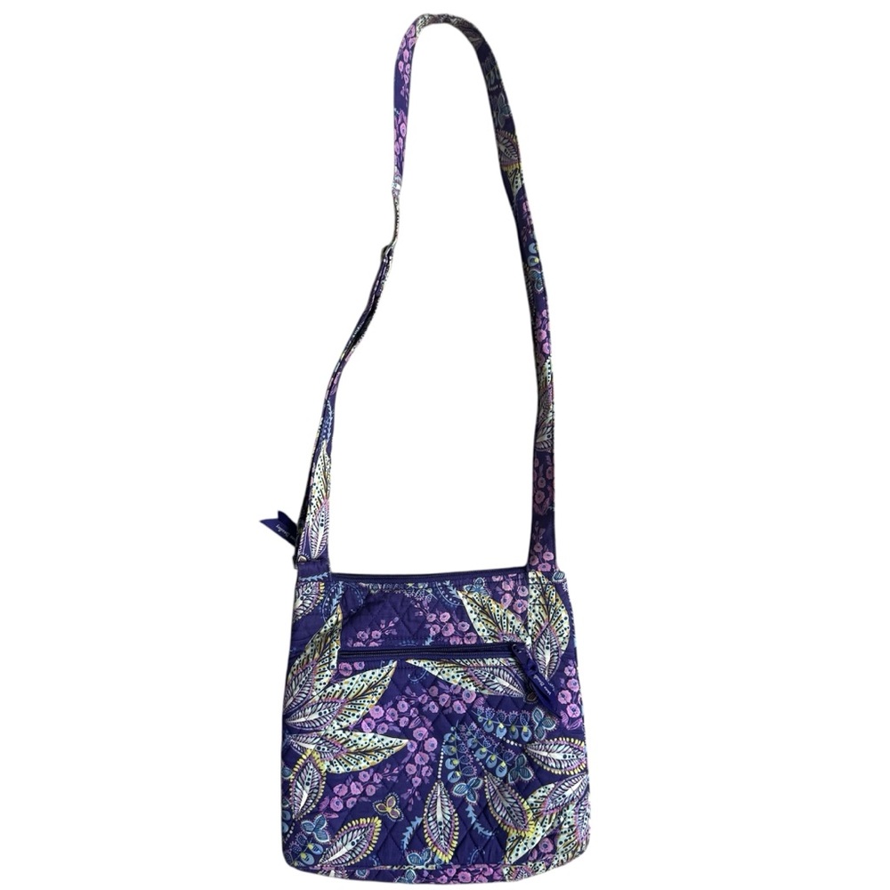 Vera Bradley Batik Leaves Purple Crossbody Bag with Front & Back Zipper Like New - Picture 2 of 8